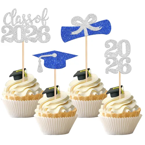 Miniatura 24 de 36 piezas con purpurina 2026 temática de graduación 2026 para cupcakes, diploma de clase de 2026, para graduación de 2026, suministros de decoración