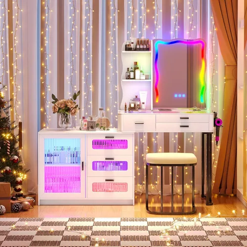 Miniatura 9 de Mesa de Tocador RGB para Maquillaje con Estación de Carga Inalámbrica, Escritorio de Tocador con Espejo Iluminado y Silla, 8 Cajones, Taburete, Mesa