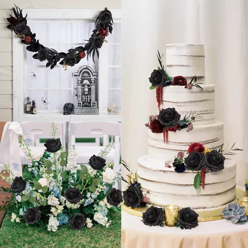 Miniatura 7 de IPOPU 12 rosas artificiales, flores para decoración de fiesta, rosas falsas, flores de seda, pétalos florales para el hogar, boda, fiesta, tienda