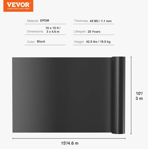 Miniatura 7 de VEVOR Revestimiento de estanque de 10 x 15 pies, grosor de 45 mil, material EPDM flexible y duradero, capa inferior de fácil corte para peces o koi