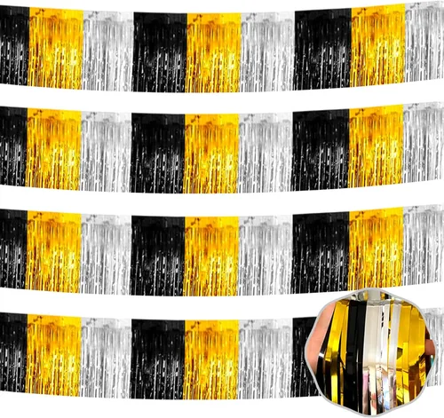 Miniatura 15 de Paquete de 4 guirnaldas de flecos de papel de aluminio negro de 10 pies con serpentinas metálicas de oropel para colgar en la pared, telón de fondo