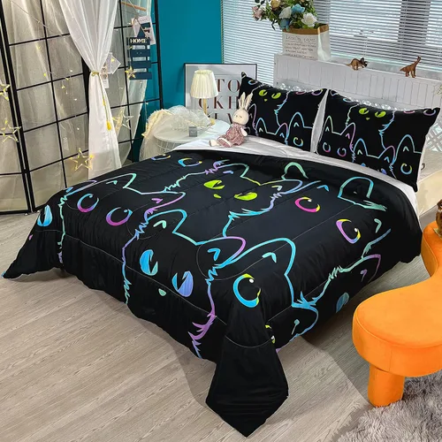 Miniatura 4 de BailiPromise Juego de edredón de 3 piezas con diseño de animales Kawaii negros para niños, tamaño individual, lindo juego de ropa de cama de dibujos