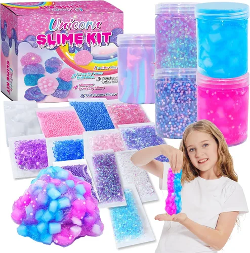Kit de slime de unicornio para niñas de 4 a 12 años, suministros para hacer slime de mantequilla, confeti de caramelo, crujiente y crujiente, espuma