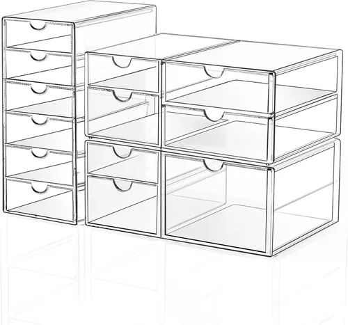 Organizador de almacenamiento para cajones de maquillaje con 13 cajones, juego de 3 organizadores acrílicos para escritorio de oficina y