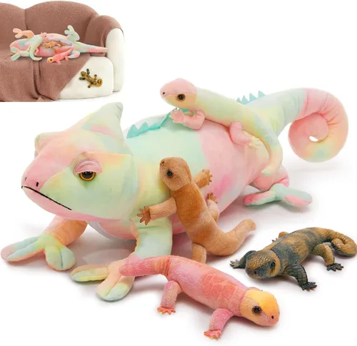 Miniatura 20 de MorisMos - Animales de peluche de lagarto, mamá camaleón gigante de 27 pulgadas con 4 lagartos bebés, juguetes para niños y niñas, mamá iguana