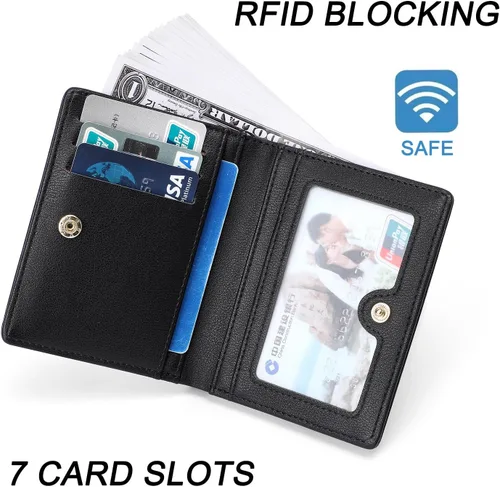 Miniatura 3 de Cartera pequeña para mujer con bloqueo RFID, cartera de bolsillo doble, cartera compacta y delgada para mujeres, carteras mini para mujeres, Negro