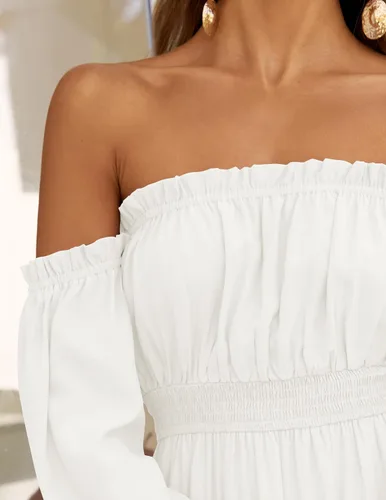 Miniatura 5 de ZESICA - Vestido largo, bohemio y sexy, con hombros descubiertos y manga larga fruncida, con elástico fruncido, cintura alta y abertura lateral