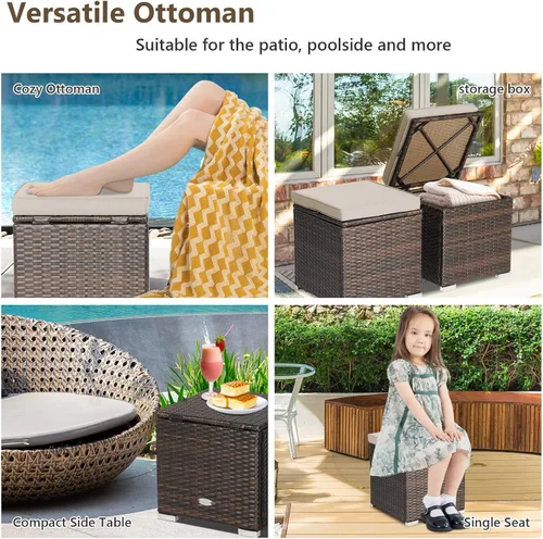 Miniatura 6 de Tangkula 2 Piezas de Otomanos de Patio, Mesa Lateral de Ratán PE Tejido a Mano Patiojoy con Cojín Removible y Espacio de Almacenamiento Oculto, Caja