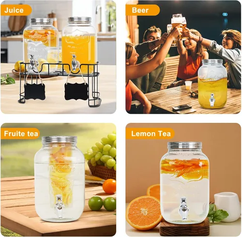 Miniatura 8 de Paquete de 2 dispensadores de bebidas de vidrio de 1 galón para fiestas - Dispensador de bebidas a prueba de fugas con soporte, grifo, cilindro