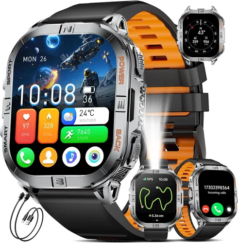 Relojes inteligentes militares para hombres, linterna GPS/LED integrada/brújula/batería de 600 mAh, reloj inteligente AMOLED de 2.13 pulgadas para