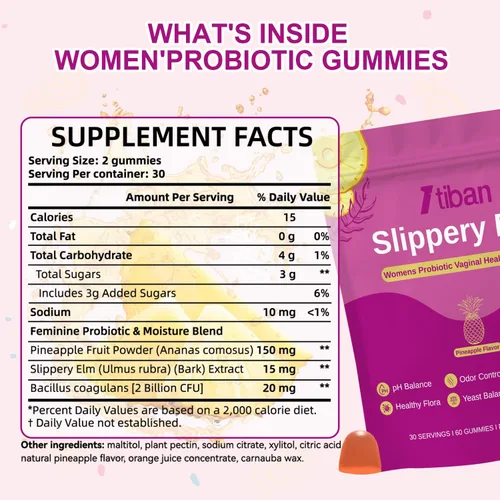 Miniatura 3 de Slippery Elm - Gomitas de humedad probióticas femeninas, equilibrio de pH, flora vaginal, salud del olor con Bacillus coagulans, delicioso sabor a