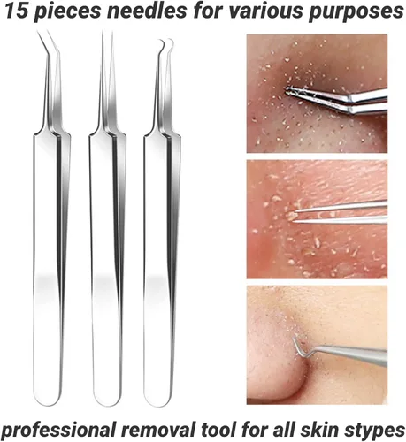 Miniatura 3 de Kit de herramientas para eliminar puntos negros, kit de 15 piezas, kit profesional de eliminación de acné de acero inoxidable para nariz y cara