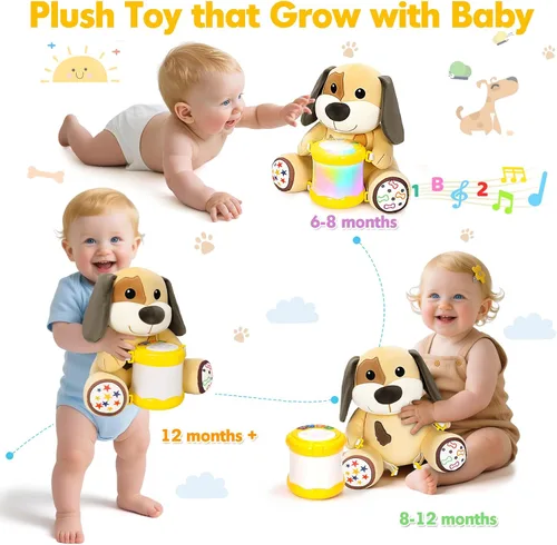 Miniatura 5 de V-Opitos Juguetes de Perro de Peluche Musicales para Bebés de 6-12 Meses+, Juego de Música Iluminada de Tambor de Aprendizaje Temprano, Regalos