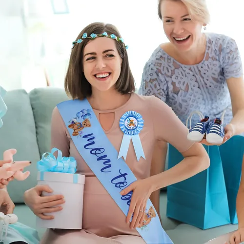 Miniatura 7 de Tiamon Banda temática de oso para baby shower, baby shower, diadema con corona de flores para revelaciones de género, fiesta de baby shower, Azul