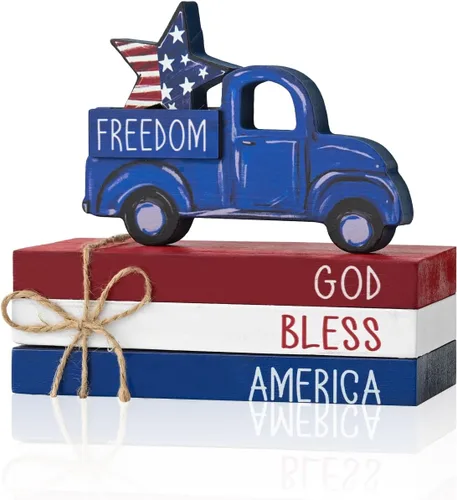 Miniatura 9 de Smile 4 de julio 250th Anniversary - Bloque de madera con decoración de Estados Unidos, 5 piezas "Land of the Free", bandeja patriótica escalonada