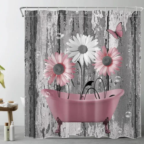 Miniatura 41 de HVEST Cortina de ducha geométrica rosa con ganchos, cortina de ducha moderna geométrica abstracta gris y blanco para baño, 72 x 72 pulgadas, juego