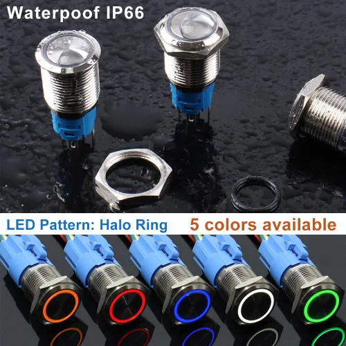 Miniatura 5 de 2 interruptores de botón de bloqueo de 0.630 in 12V-24V 1NO 1NC impermeable IP66 botón de metal autobloqueante para orificio de montaje de 5/8