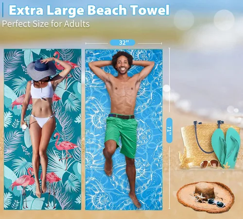 Miniatura 11 de Paquete de 2 toallas de playa ligeras y delgadas de gran tamaño de 71 x 32 pulgadas, toallas grandes de microfibra extra grandes sin arena
