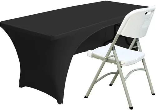 Miniatura 18 de Funda de mesa de poliéster ajustada de 4 pies con spandex, cubierta de mesa elástica, protector de mesa con parte trasera abierta - Negro