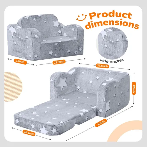 Miniatura 2 de MeMoreCool Silla de sofá para niños Glow Star – Tumbona plegable 2 en 1, color gris, sofá convertible para sala de juegos o guardería, asiento