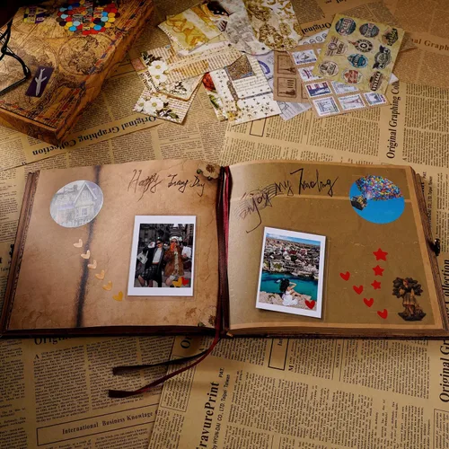 Miniatura 7 de JIMBON Nuestro libro de aventuras álbum de recortes de fotos estilo retro con tapa de letras en relieve diario de viaje, kit de libro de recortes