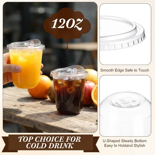 Miniatura 4 de LemonRoad Paquete de 200 vasos de plástico transparente de 12 onzas con tapa para sorber sin pajilla, taza de café helado de plástico desechable