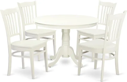 East West Furniture HLGR5-LWH-W - Juego de muebles de comedor de 5 piezas, incluye una mesa de comedor redonda con pedestal y 4 sillas de asiento de