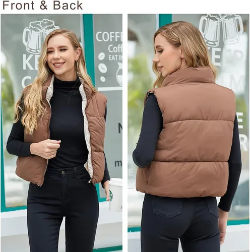 Miniatura 5 de Chaleco corto de invierno para mujer, ligero, reversible, cálido, chaleco acolchado, chaleco acolchado