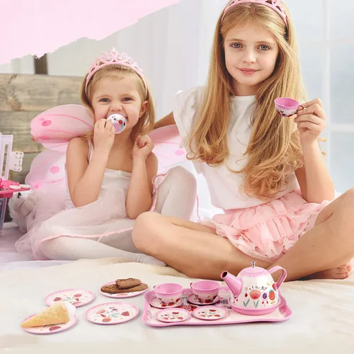 Miniatura 5 de D-FantiX Juego de té para niños y niñas, 15 piezas, juego de fiesta de té de lata rosa para niños pequeños, juego de té de la tarde con teteras