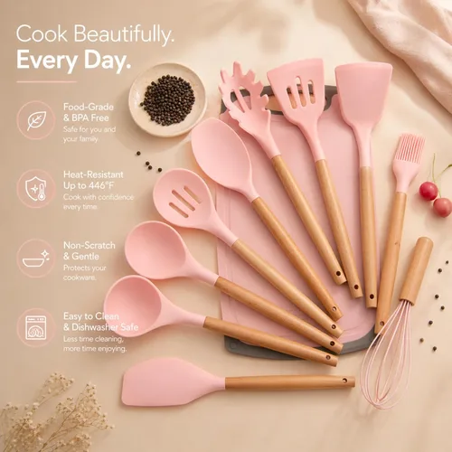 Miniatura 7 de Juego de cocina rosa de 19 piezas para el primer apartamento, utensilios completos de cocina de silicona con asas de madera, juego de cuchillos