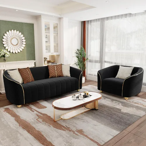 Miniatura 17 de Sofá de lujo de terciopelo retro de 3 plazas, cómodo sofá biplaza tapizado de terciopelo de 86 pulgadas con patas y almohadas de metal dorado, sofá