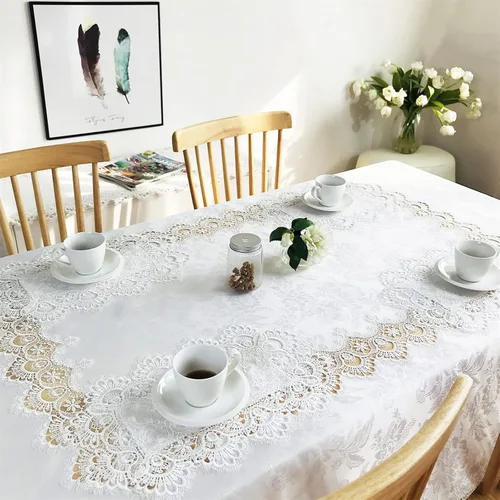 Miniatura 7 de Mantel de encaje para mesas de comedor redondas de 70 pulgadas, diseño de peonías blancas, vintage, para fiestas, bodas, tela lavable para banquetes