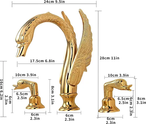 Miniatura 8 de Oro dorado adornado estilo cisne baño fregadero grifo combinado cubierta montaje fregadero mezclador grifo conjunto agua fría caliente
