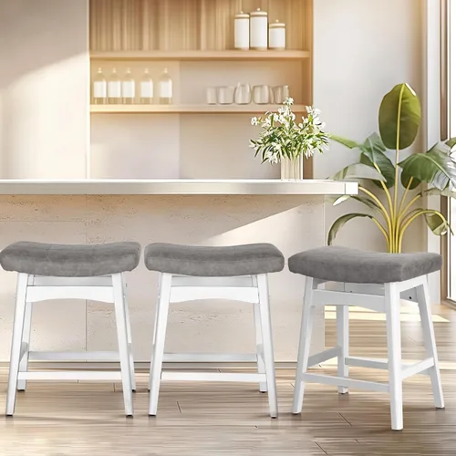 Miniatura 19 de ALPHA HOME Taburete de bar, taburete de cocina de silla de montar de madera maciza con cojín de tela de lino beige, taburete de bar de altura