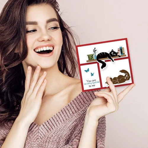 Miniatura 5 de INFUNLY Sellos y troqueles de gato para hacer tarjetas Juego de sellos y troqueles de gato transparentes Troquel de corte de metal Sellos de goma