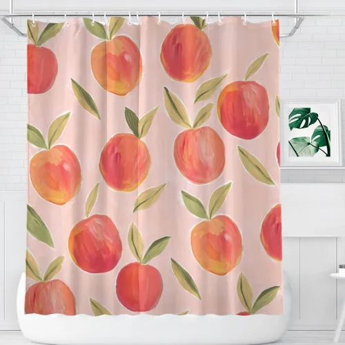 Miniatura 11 de KOMIKU Juego de cortina de ducha estética de frutas con diseño floral de cereza rosa, decoración de baño de frutas de verano, de poliéster, lona