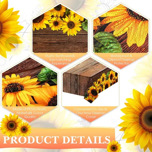 Miniatura 3 de Tegeme 1 mantel desechable con diseño de girasol de 42.5 x 70.8 pulgadas, mantel rectangular de plástico rústico vintage de grano de madera