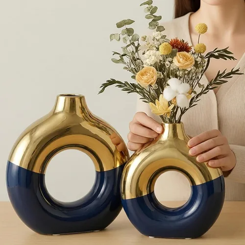 Juego de 2 jarrones con forma de dona azul y dorado, jarrones circulares huecos, modernos jarrones de cerámica mate para entrada, sala de estar,