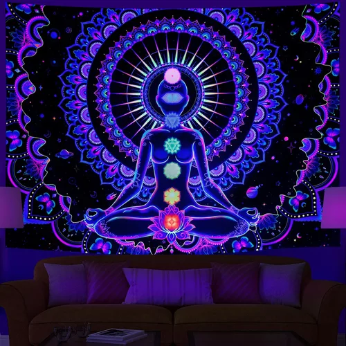 Miniatura 2 de Heopapin Blacklight - Tapiz de siete chakras, reactivo a los rayos UV, para yoga, meditación, mandala, tapiz de pared Trippy Galaxy Space Tapices