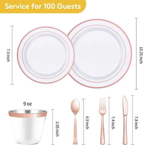 Miniatura 3 de Goodluck Juego de 600 piezas de platos desechables de oro rosa para 100 invitados, platos de plástico para fiesta, boda, juego de vajilla de 100
