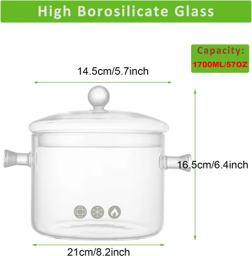 Miniatura 2 de Olla de vidrio para cocinar, 1.7L/57oz resistente al calor, cacerola de vidrio de borosilicato con tapa, juego de utensilios de cocina para sopa