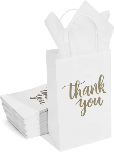 Miniatura 2 de DjinnGlory Paquete de 50 bolsas pequeñas de regalo de agradecimiento con asas, bolsas de papel blanco de 9 x 5.5 x 3.15 pulgadas con papel de seda