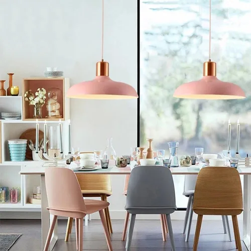 Miniatura 2 de Candelabro nórdico para comedor, moderno estilo macarrón, iluminación colgante de techo con pantalla de metal industrial grande para cocina, isla