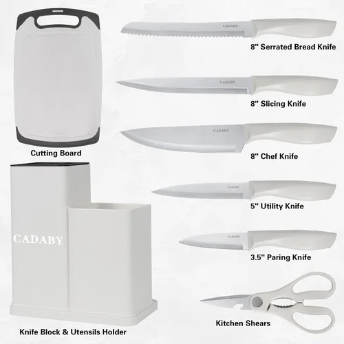 Miniatura 5 de Juego de utensilios de cocina de 19 piezas, 11 piezas de utensilios de cocina de silicona, juego de 6 cuchillos blancos afilados de acero inoxidable