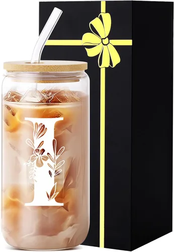 Miniatura 11 de Vaso de vidrio con monograma con tapa, pajita, idea de regalo de moda para amantes del café para mujeres y adolescentes, regalo personalizado