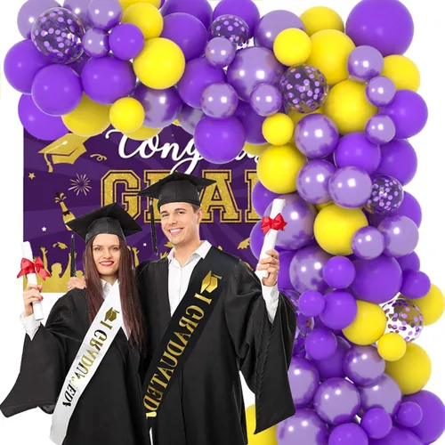 Miniatura 4 de Kit de arco de guirnalda de globos morados y amarillos, 122 globos de confeti amarillo lavanda metálico morado para cumpleaños, boda, aniversario