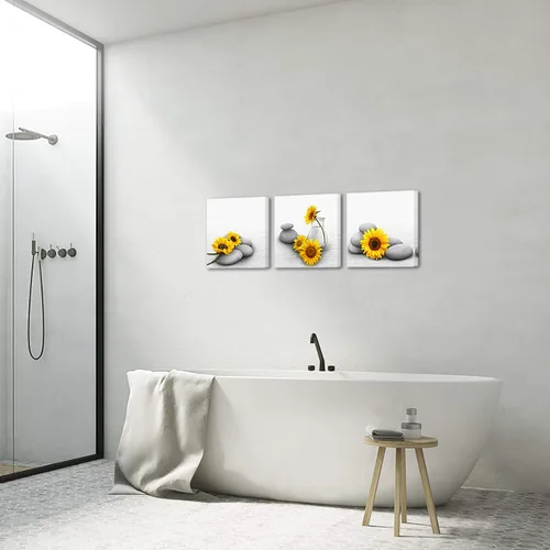 Miniatura 4 de Biuteawal Lienzo de girasol para pared, 3 piezas, pintura amarilla y gris, relajante con piedra zen, ilustraciones impresas para spa, baño, sala