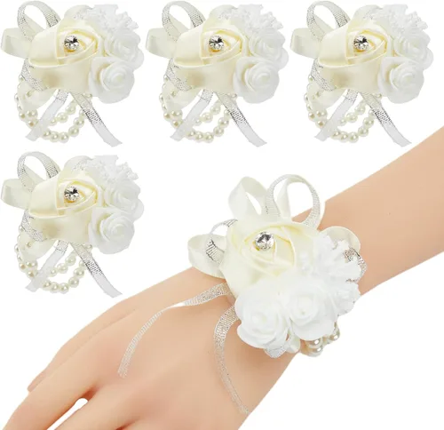 Miniatura 14 de Juego de 4 ramilletes de muñeca color borgoña para boda, juego de ramilletes rojo vino rosa para baile de graduación, novia, dama de honor, niña, 4