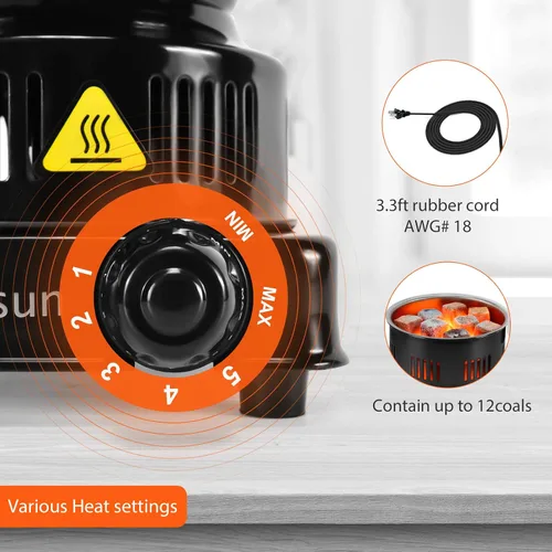 Miniatura 5 de Quemador eléctrico de carbón de coco de 600 W ETL para barbacoa camping cocina Fast Heating Coal Burner Hot Plate, Detachable Handle, Stainless