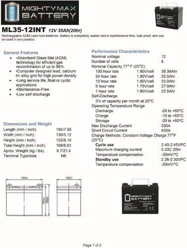 Miniatura 6 de Mighty Max Battery ML35-12 - Batería INT de 12V 35AH - Paquete de 2
